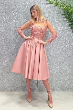 Abito rosa princess midi con corpetto in tulle a fiori 3 D e gonna svasata in taffetà