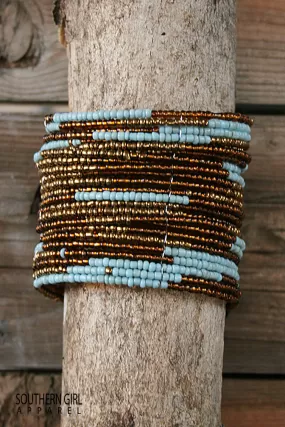 Turquoise and Brass colored Wide Beaded Flex Bracelet